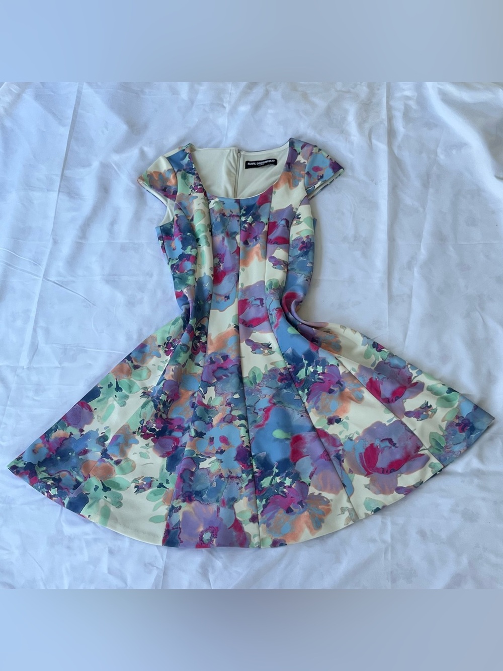 Karl Lagerfeld Cream Floral Fit-and-Flare Dress with Multicolor Blooms